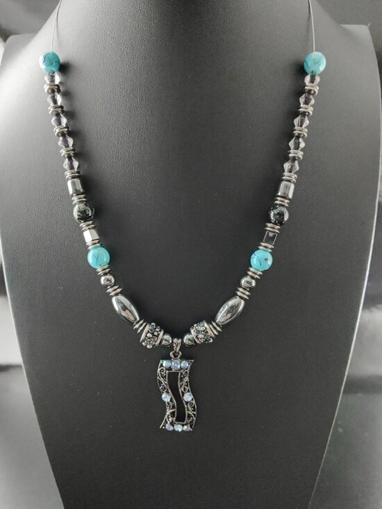 Source Unknown Jewelry - Vintage 90s Silver Art Deco Pendant Necklace Blue AB Crystals Rhinestones 18"